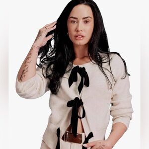 Cream Sweater with Black Velvet Bows